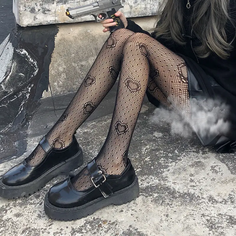 Women Sexy Lace Pantyhose jacquard Pattern Tights Gothic Punk Lolita Hollow Out girl Fishnet black heart Mesh Stockings