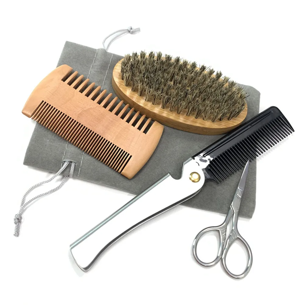 Metal Mustache Grooming Scissors Folding Custom Beard Comb Wood Beard Care Kit With Bag