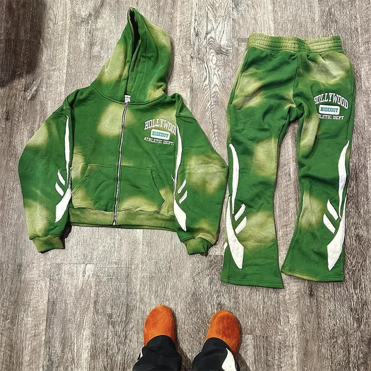 Heavyweight acid wash vintage embroidery distressed cut and sew sun faded stacked flare hoodie and sweatpants set sweatsuit men