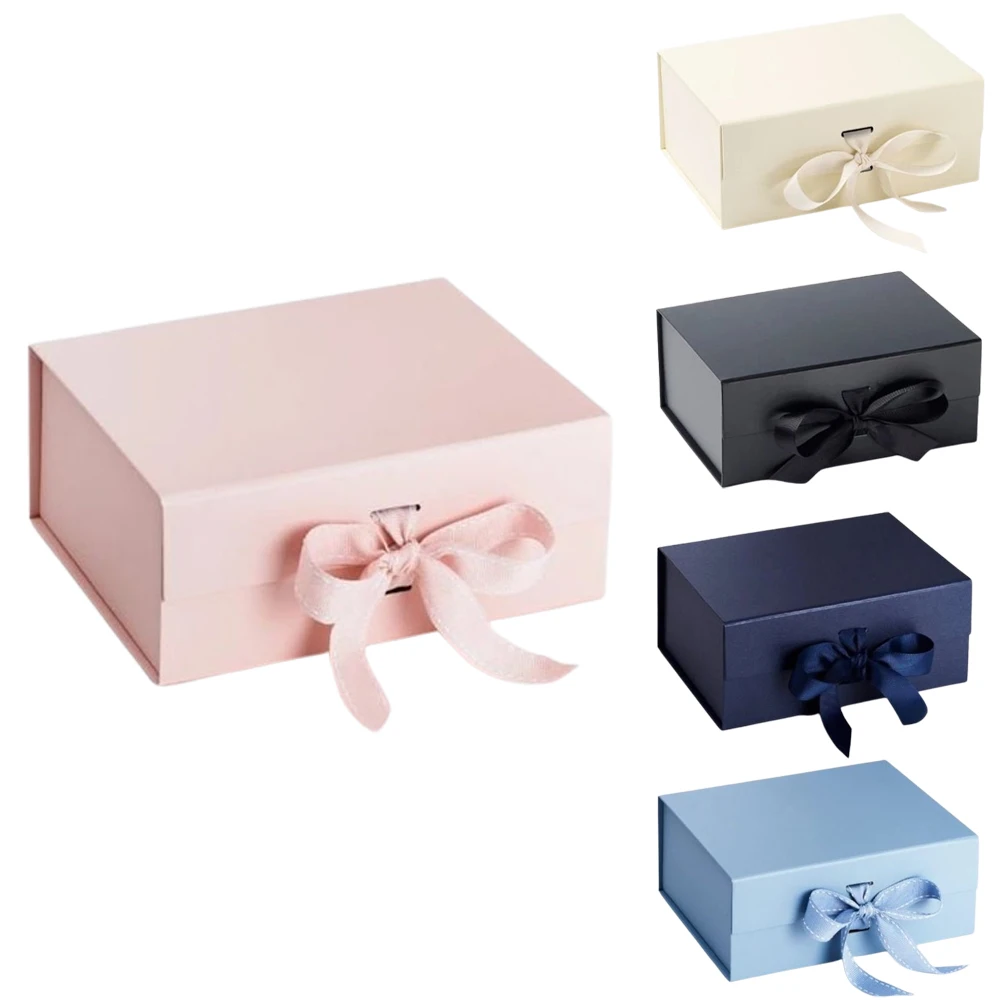 Custom Logo Size Pink Black Blue Red Recyclable Cardboard Bow Ribbon Paper Magnet Box Packaging Luxury Folding Magnetic Gift Box