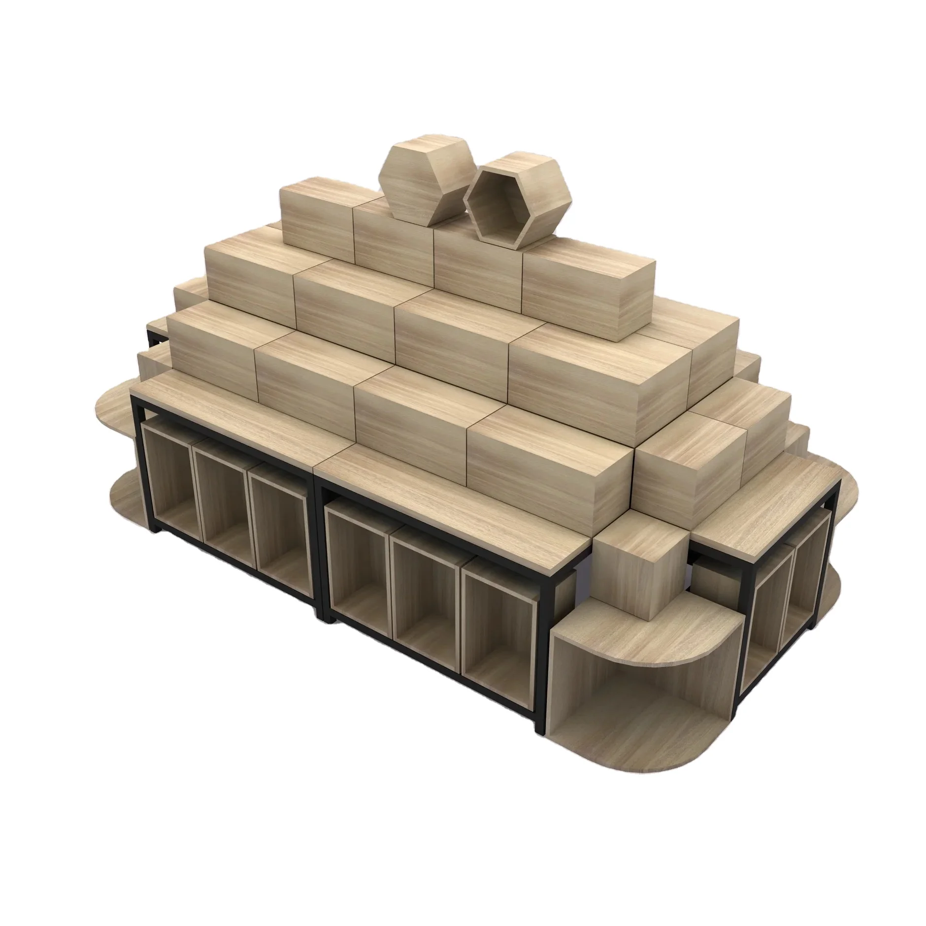 Factory wholesale wood and steel combined store shelf display rack gondola supermarket shelves and wooden boxes