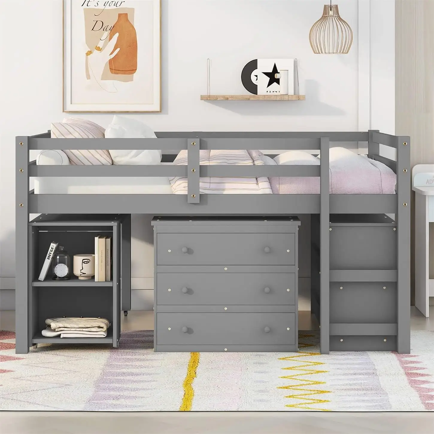 Multifunctional Twin Size Loft Bed with Double Tiers Low Study Kids Loft Bed with Storage Bookcases Cabinet Made of Wood