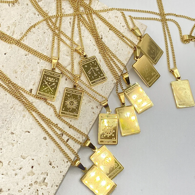 Stainless Steel Engraved Logo Tarot Card Waite Major Arcan Brass With High Polished 18k Gold Plated Tarot Necklace