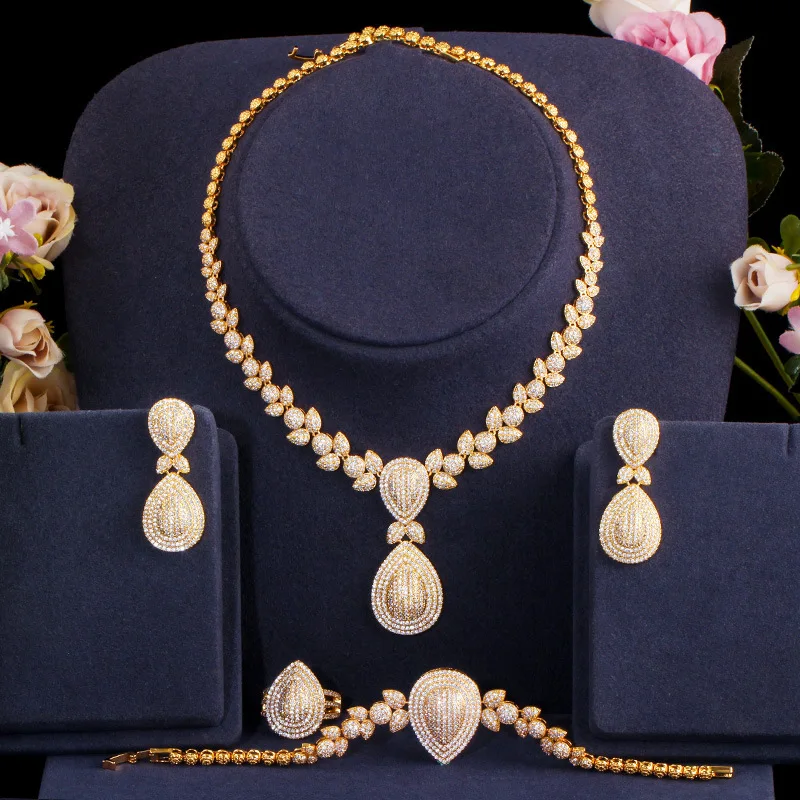 Newest Deluxe 18k gold plated  AAA zircon indian bridal jewelry set