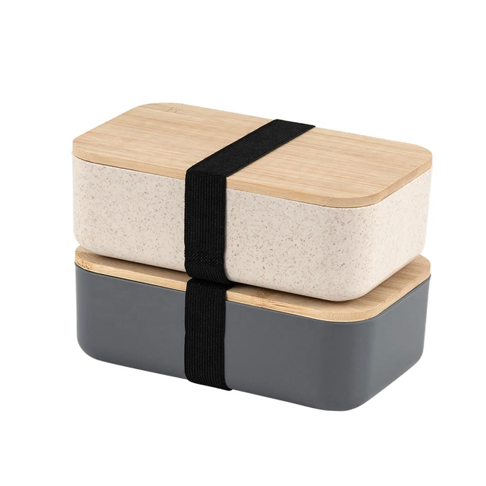 Eco-friendly Healthy Wheat Straw+Wood Lid Square Custom Leakproof BPA Free Kids Lunchbox Children School Tiffin Lunch Box