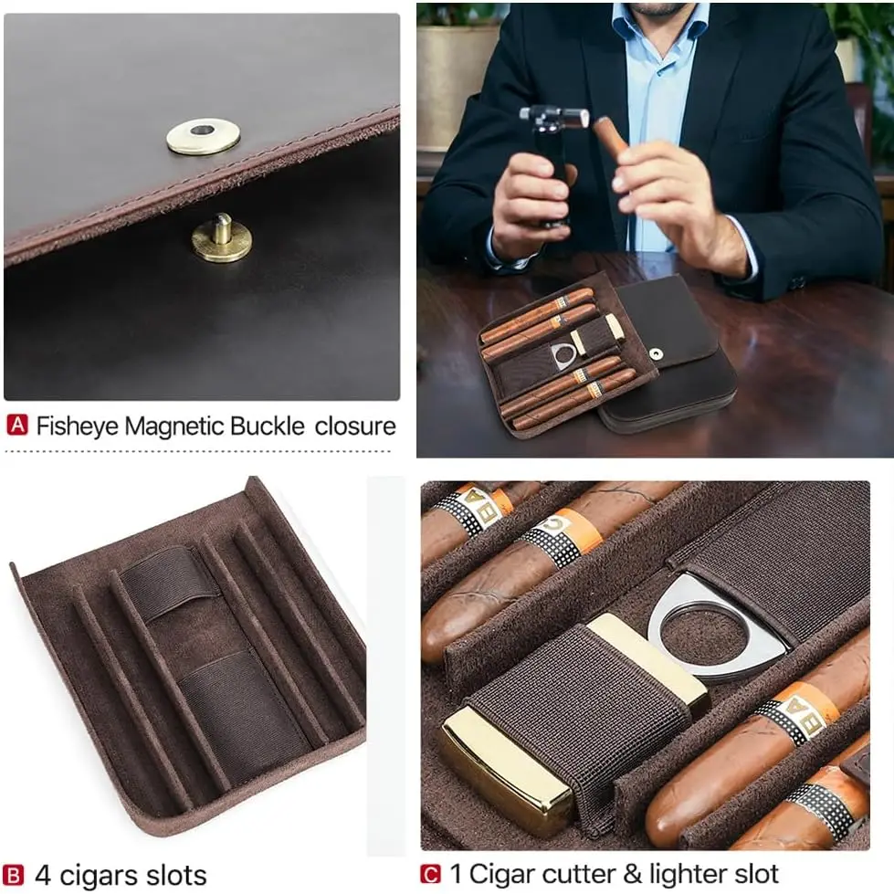 Contacts 4 Slot Cigar Case Travel Full Grain Leather Cigars Humidor Box Portable Cigar Accessories