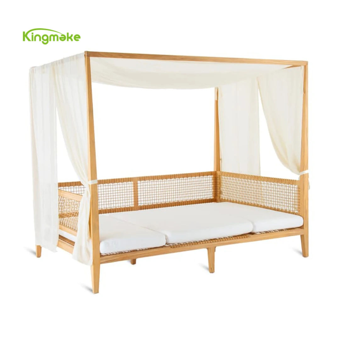 Quality Solid Wood Lounger Beach Pool Sunbed With Canopy Outdoor Garden Hotel Teak Sunbed With Curtains