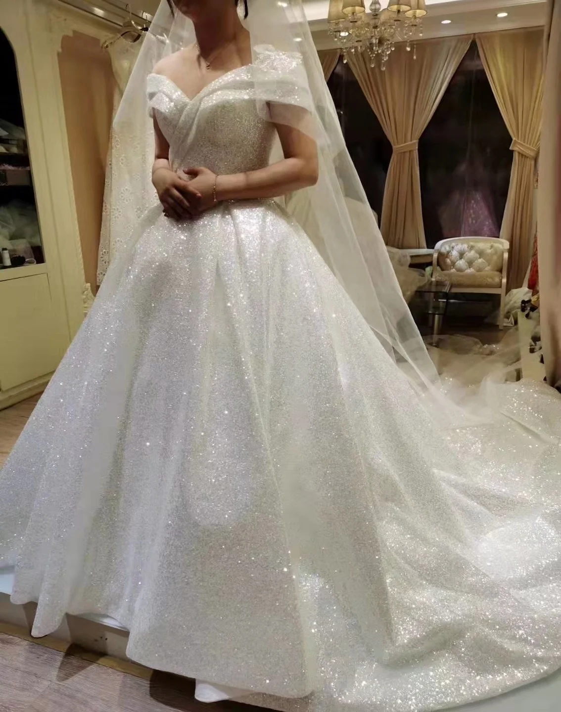2021 real sample off shoulder chapel train wedding dress robe de mariage bling bling bridal dress