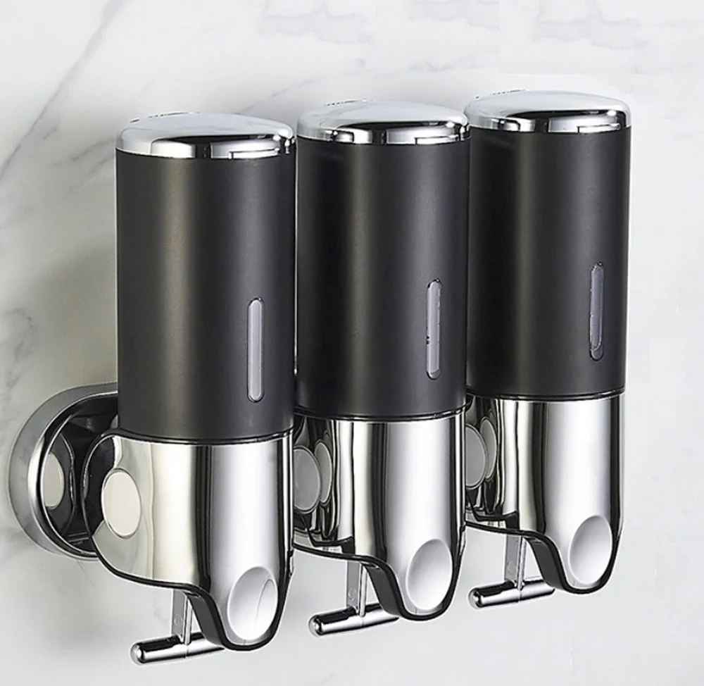 OEM Hotel 500ml Wall Mount Black Shampoo Conditioner Bathroom Soap Dispenser Plastic Triple Gel 3 Shower Dispenser