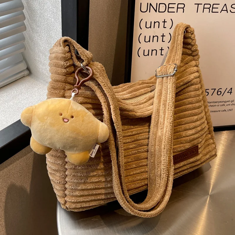 Large Capacity Designer Wram Indentation Stripe Tote Bag with Cute Doll Cotton Plush Handbag for Women