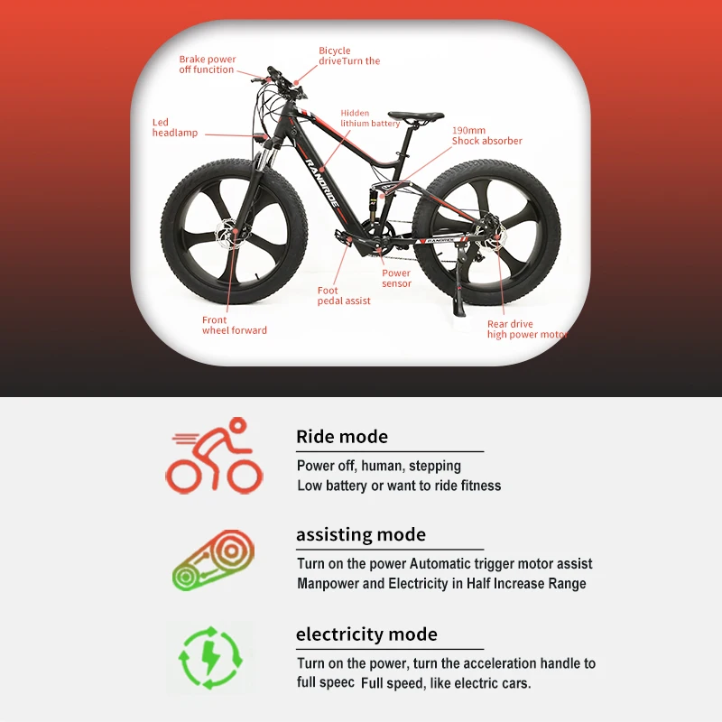 Eu warehouse ebike 1000W 750W 500W 48v 14ah 26inch SHIMANO 9speed full suspension fat bike electric mountain bike