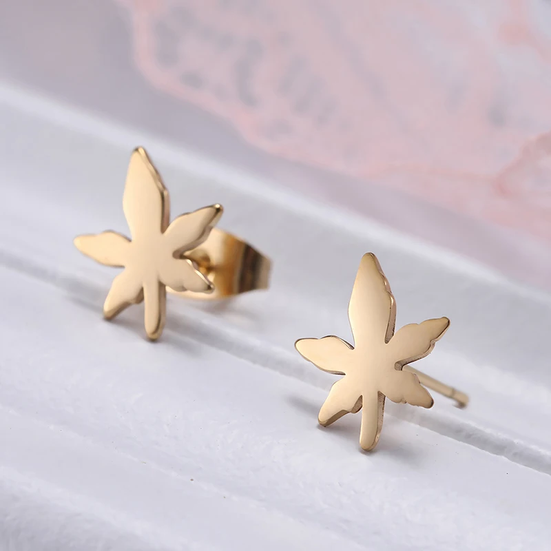 wholesale earings for women simple leaf stud earrings women jewelry stainless steel plated 18K real gold