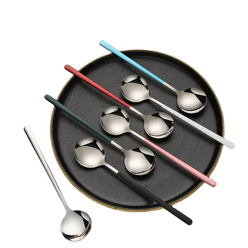 round shape spoon stainless steel coffee tea ice cream spoon with colorful stoving varnish handle
