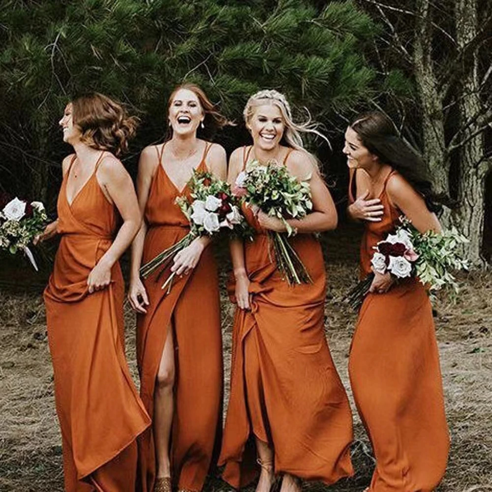 Ready to Ship Ladies Evening Party Dress Long Wedding  Birthday Guests Prom Dress Burnt Orange Satin Split Bridesmaids Dresses