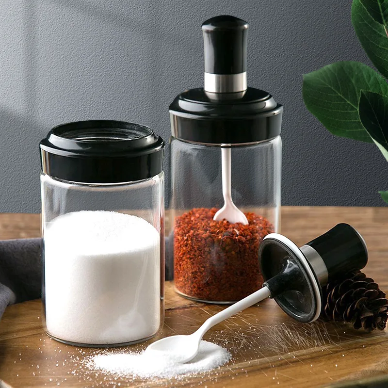 Glass Spice Jars with Serving Spoon Clear Condiment Food Bottle with Stainless Steel Screw Lid Salt Sugar