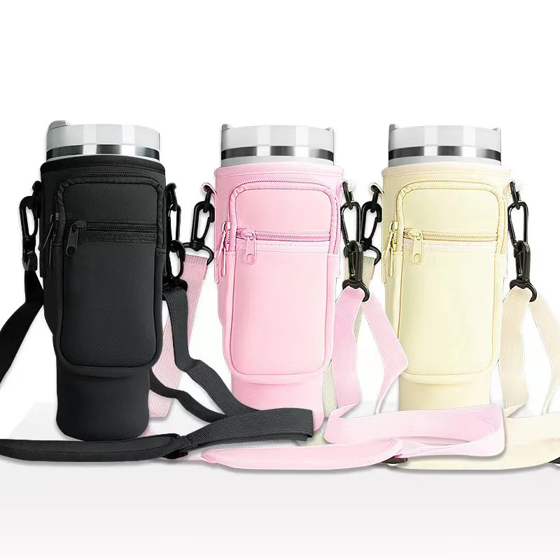 Custom Logo Neoprene Shoulder Strap Zipper Phone Pocket Thermal 40oz Tumbler Water Bottle Holder Carrier Bag for Stanley Cup