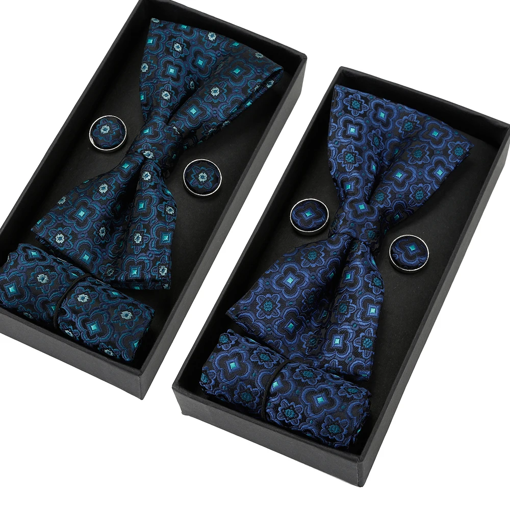 Floral Bowtie Set Paisley Handkerchief Plaid Cufflinks 4pcs Set Gift For Men Suit Wedding Business Fashion Style Bow Tie Hanky