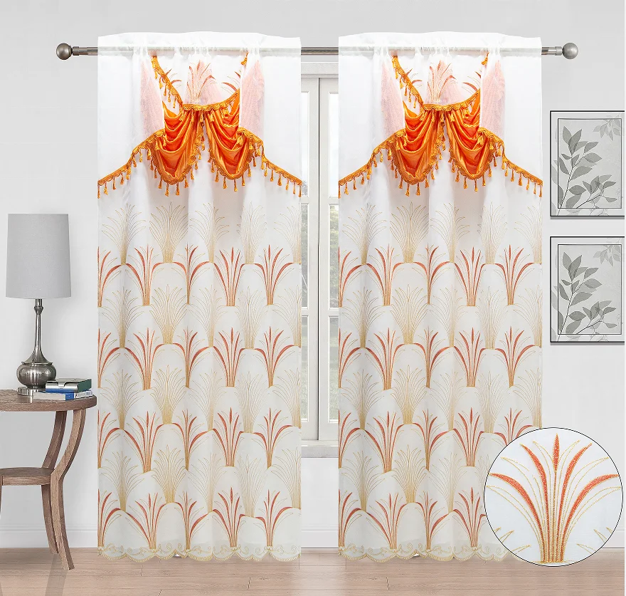 Hot selling double layer luxury window curtain elegant sheer embroidery tulle ready made valance curtain for living room