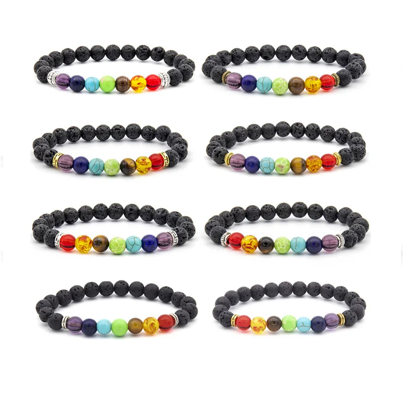 Wholesale Handmade Natural Stone Stone Bead Chakras Bracelet for Women Elastic Lava Color Stone Yoga Bracelet