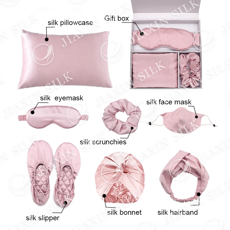 Custom 19 Momme silk pillowcase set 4pcs silk pillow case bonnet Eyemask silk scrunchies Luxury for sleeping tra