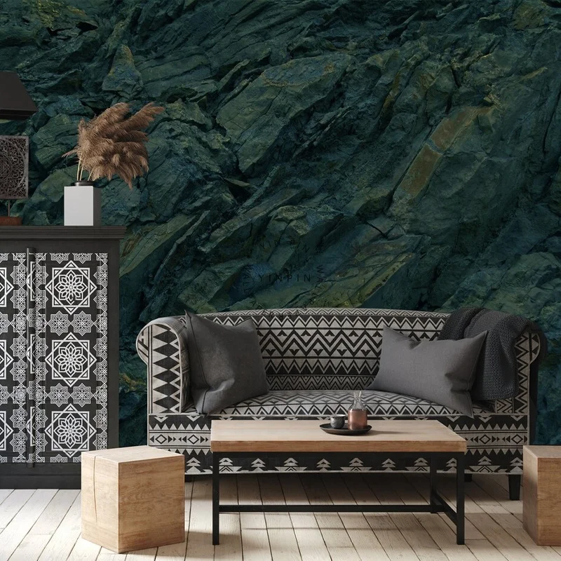Dark green rock 3D texture background mural wallpaper rock