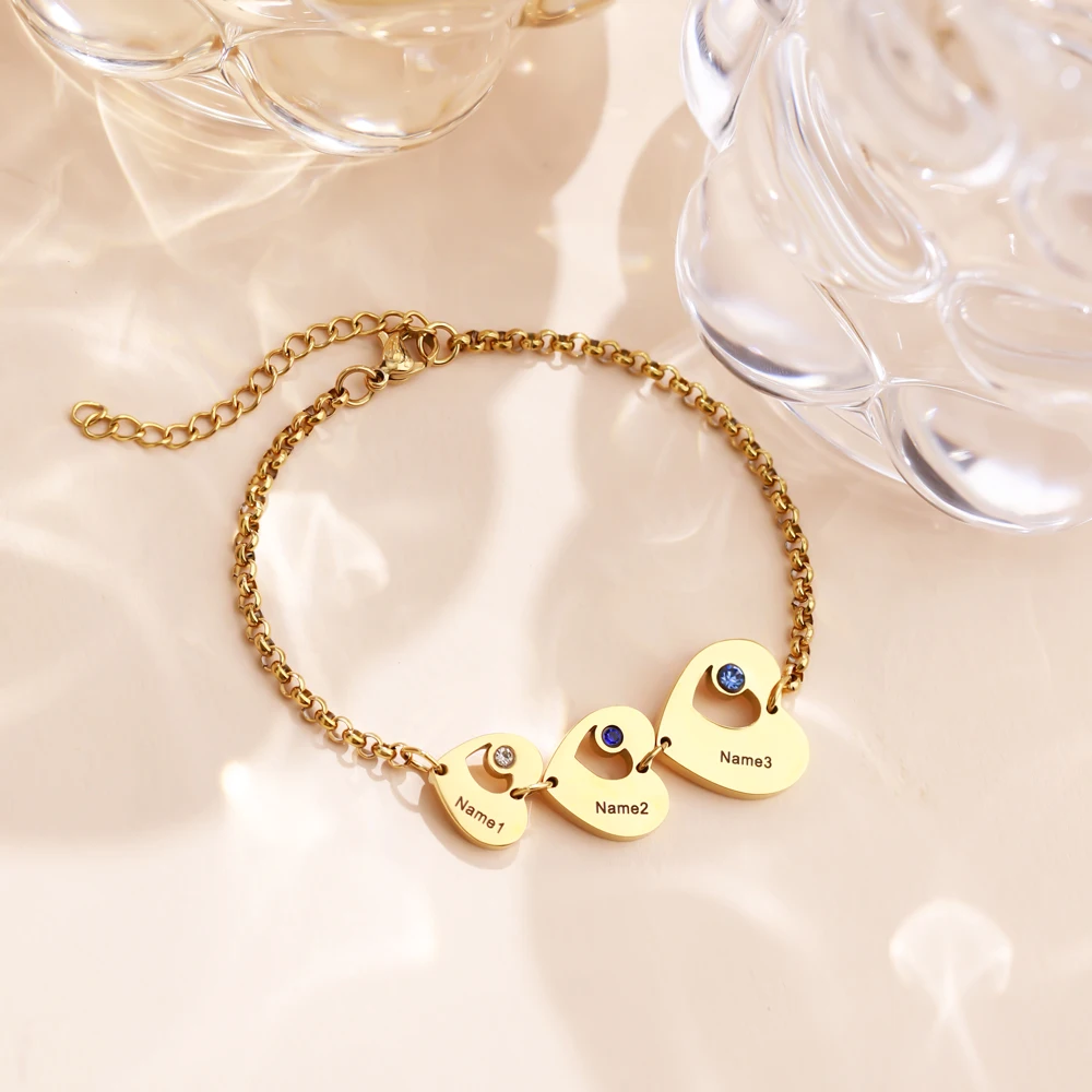 Personalized Jewelry Dainty 3 Hollow Heart Shape Charm Bracelet Name Engravable Heart Charm Connected Bangle