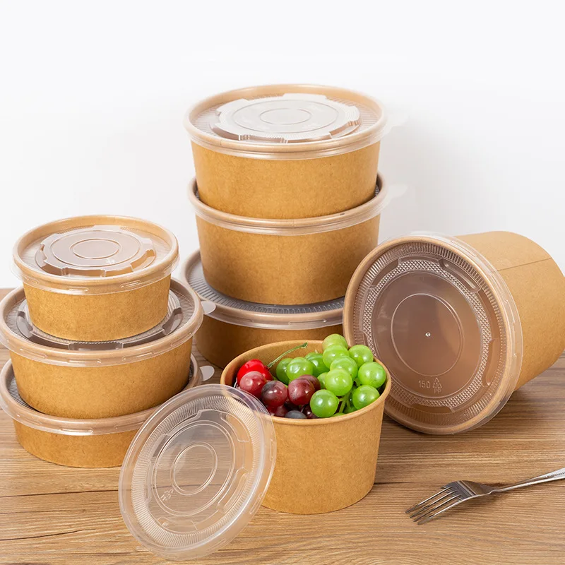 kraft paper soup cup bowl with lid disposable take away paper rice salad noodle box custom manufacturer direct sale