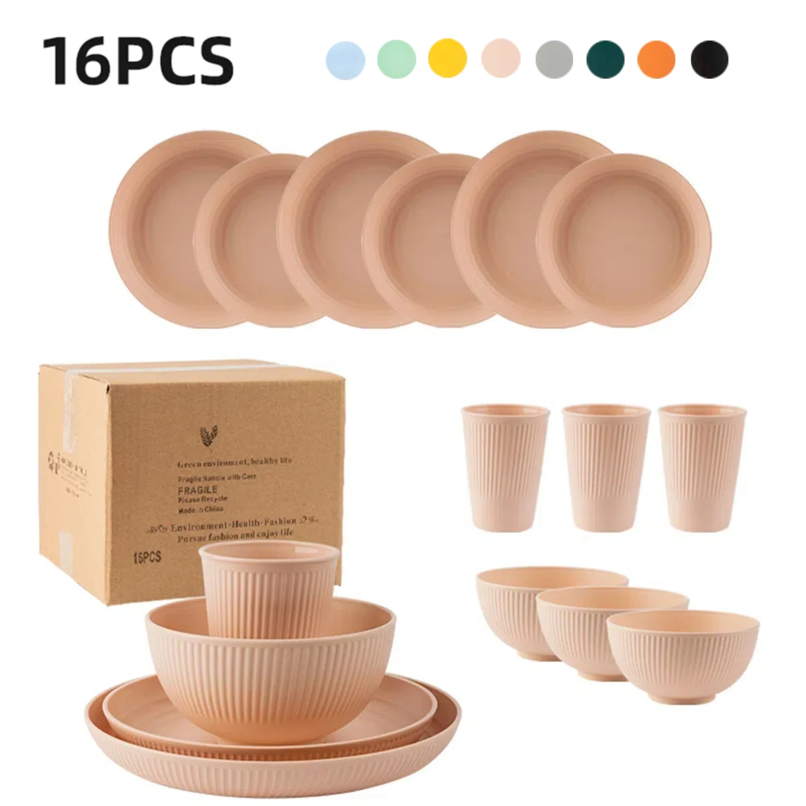 16 pcs Colorful Tableware Set Reusable Plastic Cups Plates Bowls PP Material Durable Dinnerware Set