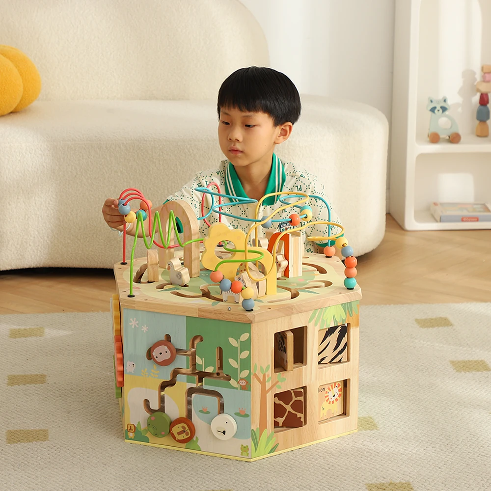 7 in 1 Toddler Activity Cube Baby Montessori Toys  Wooden Activity Cube Learn Educational Toys 1-3 Bead Maze For Baby 12+ Months