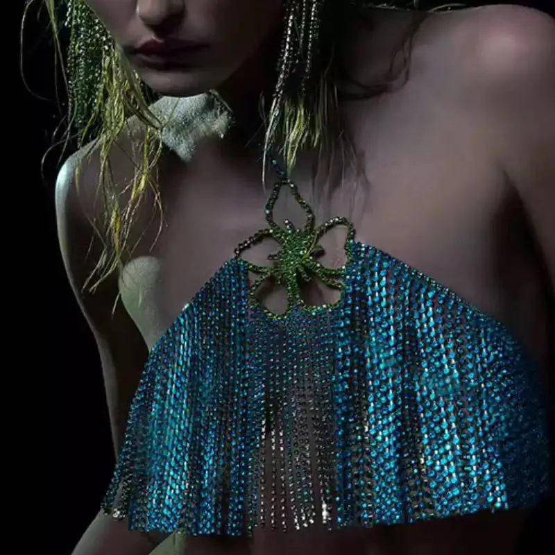 Sexy Rhinestone Flower Bra Chain Blue Tassel Body Chain Fashion Halter Chest Bralette Ladies Bling Crystal Lingerie Nightclub