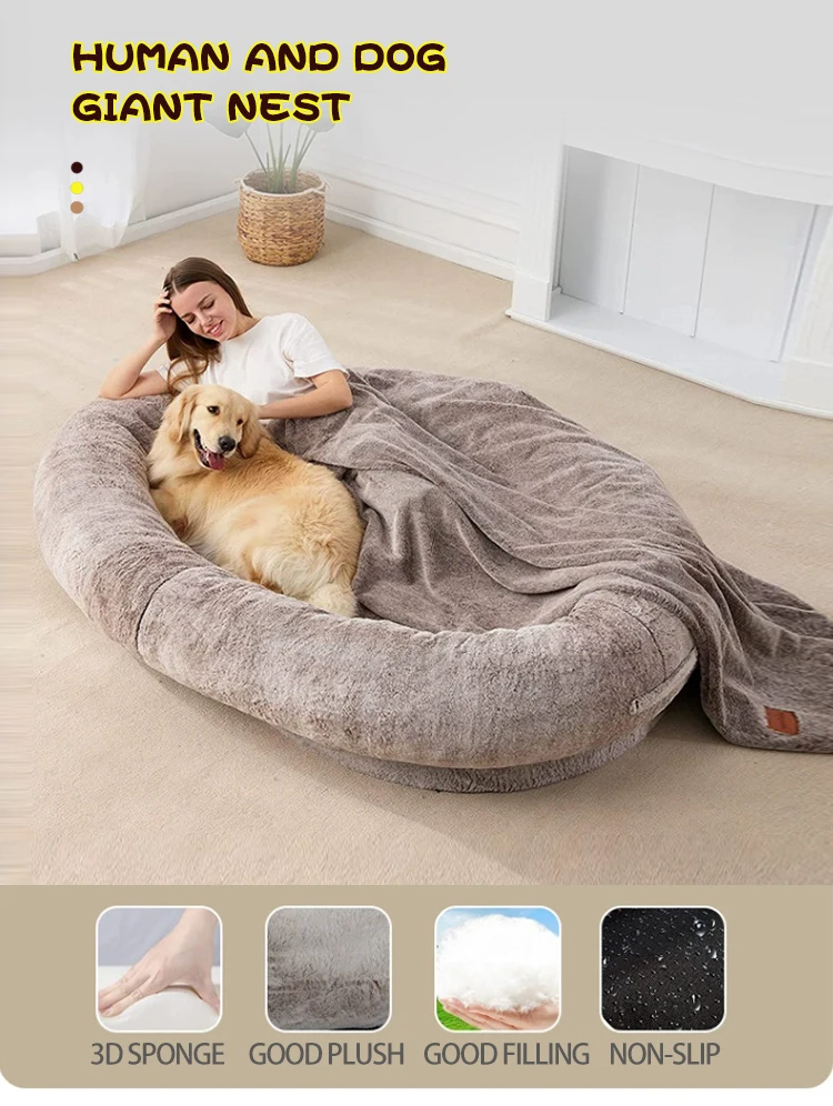 Waterproof Washable Long Plush Faux Fur Removable non-slip Pet Giant Human Size Scale Jumbo Adult Dog Bed