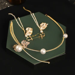 Rhinestone Bridal Headdress Jewelry Full Diamond Big Pearl Leaves Shape Headband with Earrings Sets Bridal Wedding Hairband