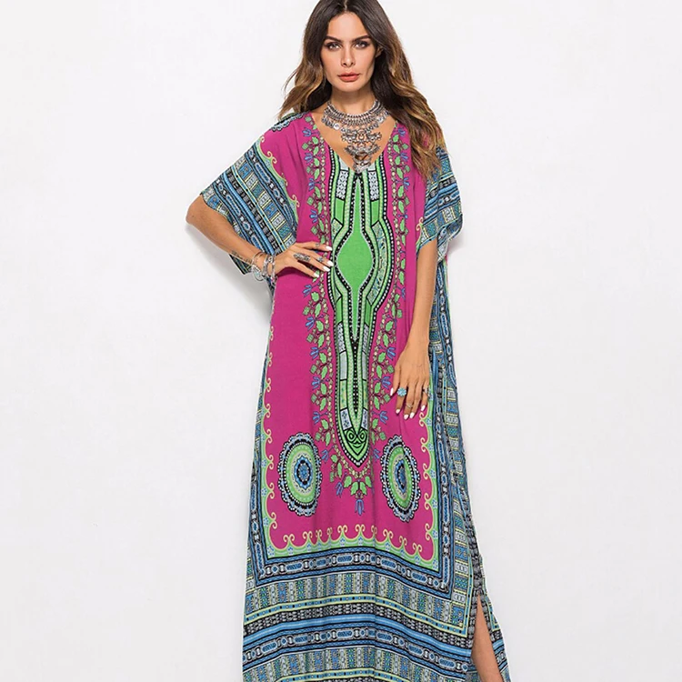 
Rose Red Tribal Printed Maxi Dresses Summer Plunging Neck For Streetshots 