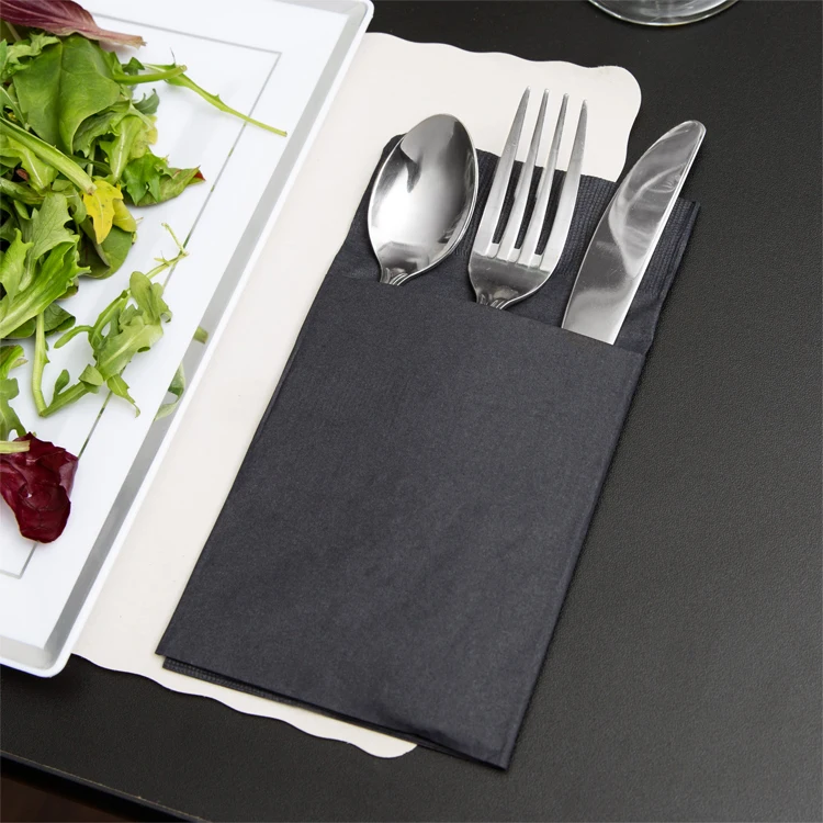 Black or White 2-Ply Airlaid Dinner Napkin Folded Serviettes with Pocket for Cutlery Colored Printed Napkin Pack or Bag