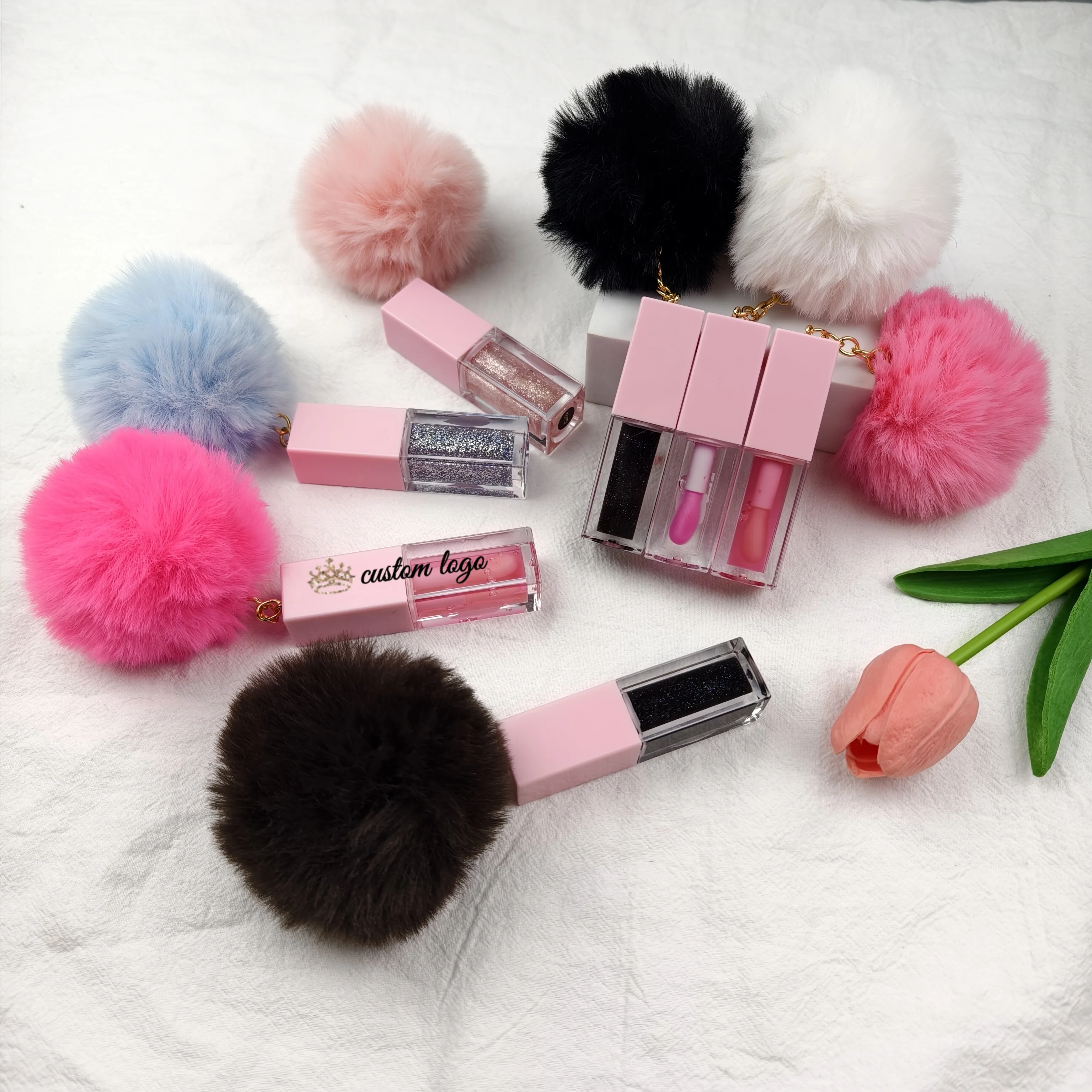 Wholesale Lipgloss Lip Oil with Key Chain Fur Ball Lip Plumper Oil 34 Fruit Flavors Long Lasting Non-sticky Cup Lip Oil