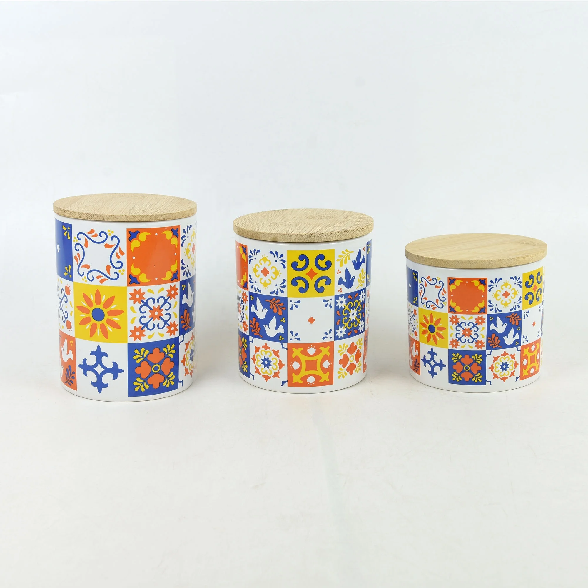 Hot Sale 3pcs Ceramic Canister Set With Decal Print, Wholesale Stoneware Canister With Bamboo Lid, Fruit Canister Sugar Jars Set