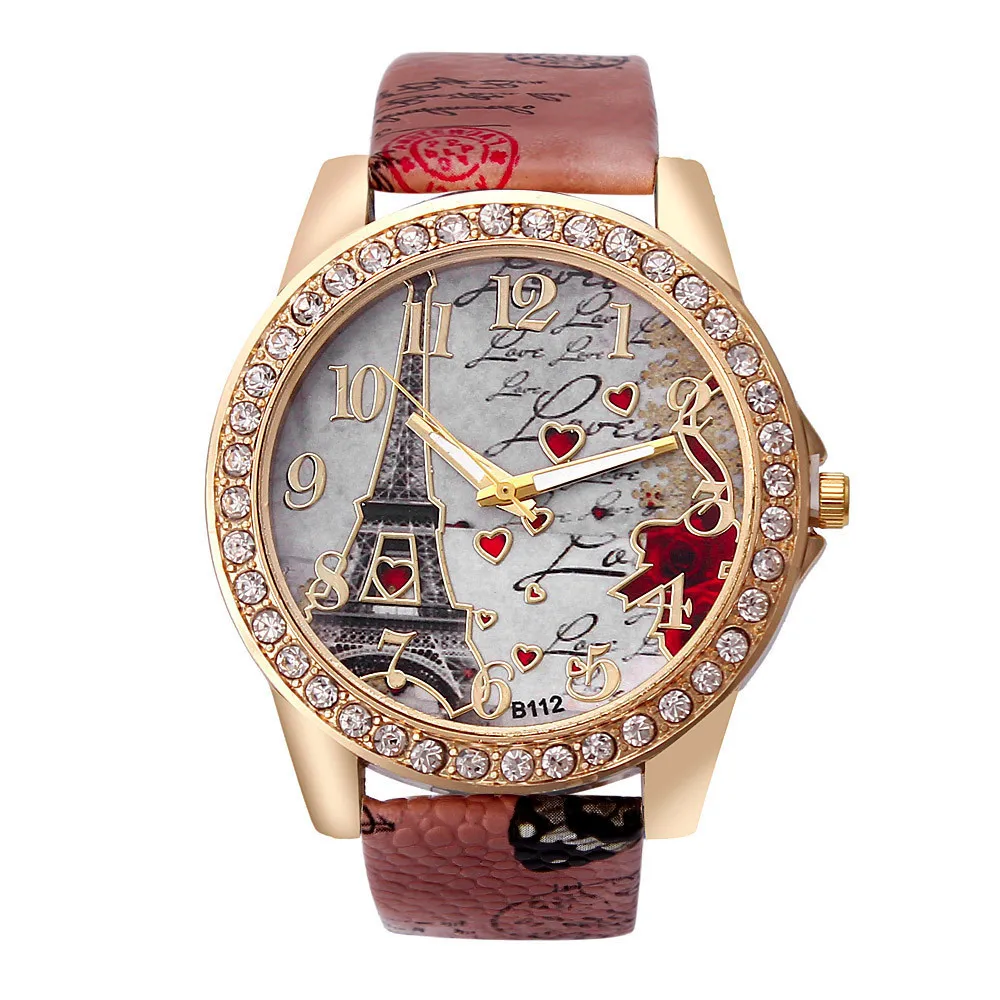 Luxury Crystal Paris Eiffel Tower Watches Fashion Diamond Leather Belt Quartz Wrist Ladies Watches Women Luxury Gift Watch