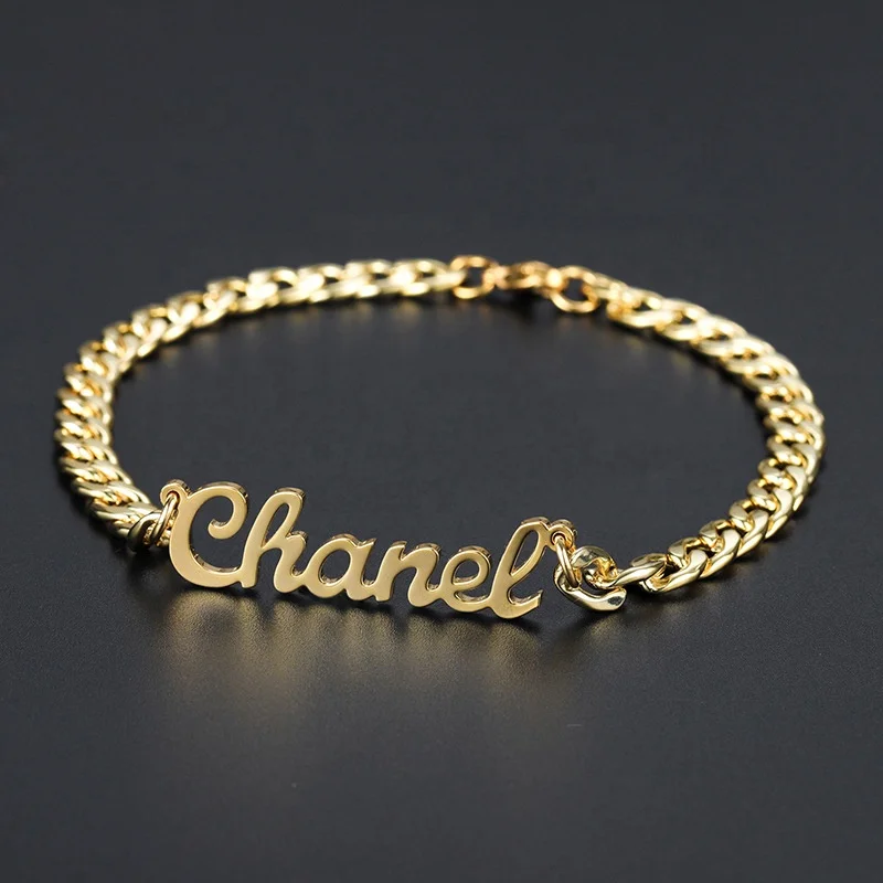 18K gold plated stainless steel men bracelet custom nameplate Cuban link name bracelet