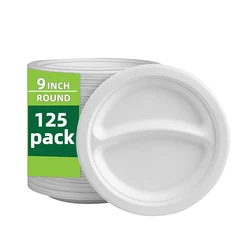 Biodegradable Sugracane Bagasse Material Disposable Custom Banana Leaf Logo 9 Inch 2Compartment Paper Plate Dish Dinner