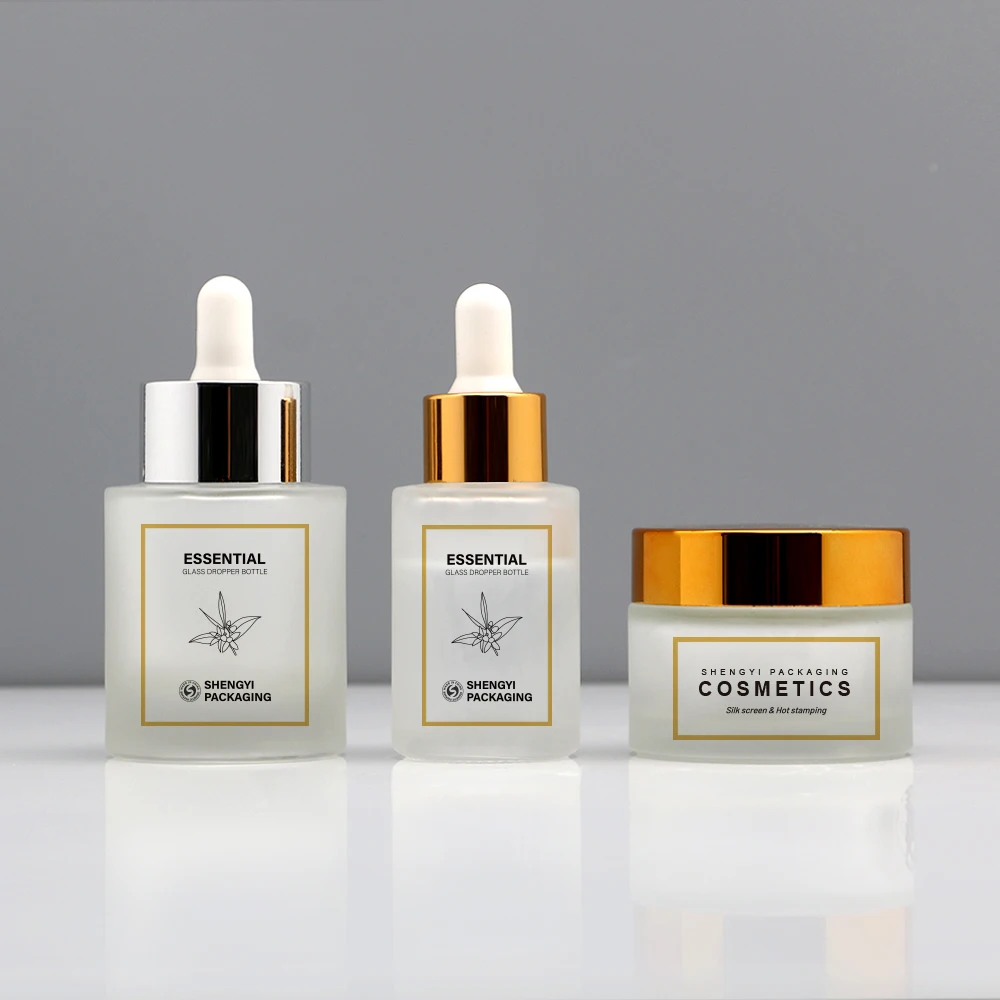 20ml 30ml 50ml 100ml essential oil serum flat shoulder frosted clear glass dropper bottle with pipette