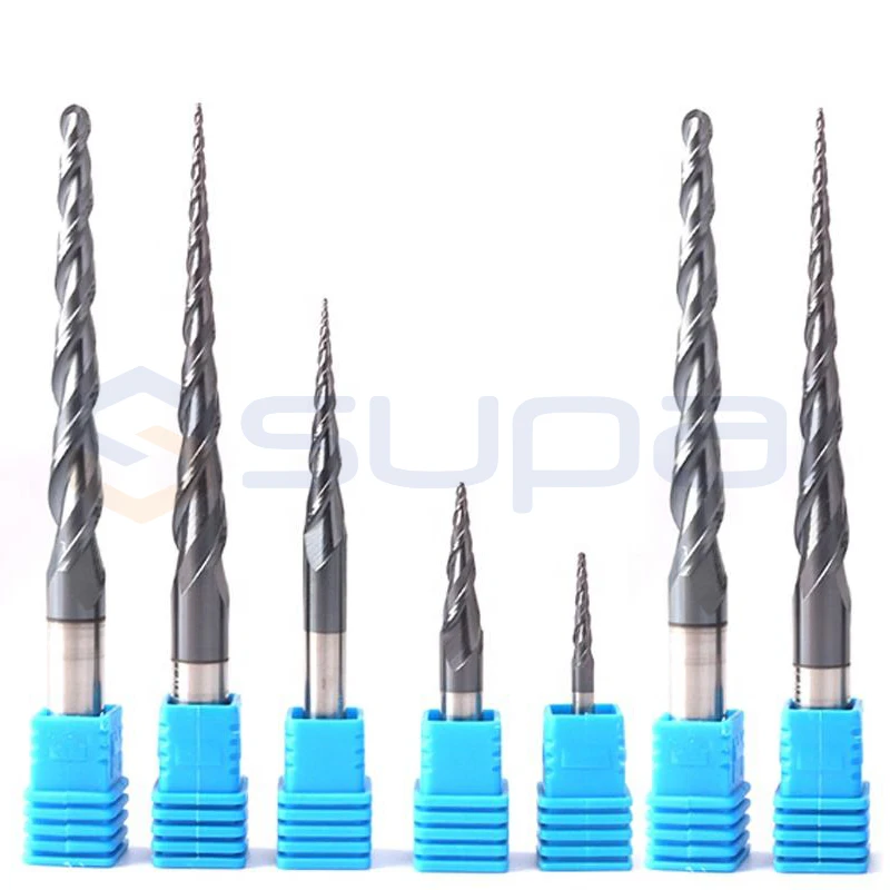 SUPAL Solid Carbide HRC 50 2 Flute Tapered Ball Nose End Mill Shank 6mm for 3D Engraving Drill Bit Woodworking Tool