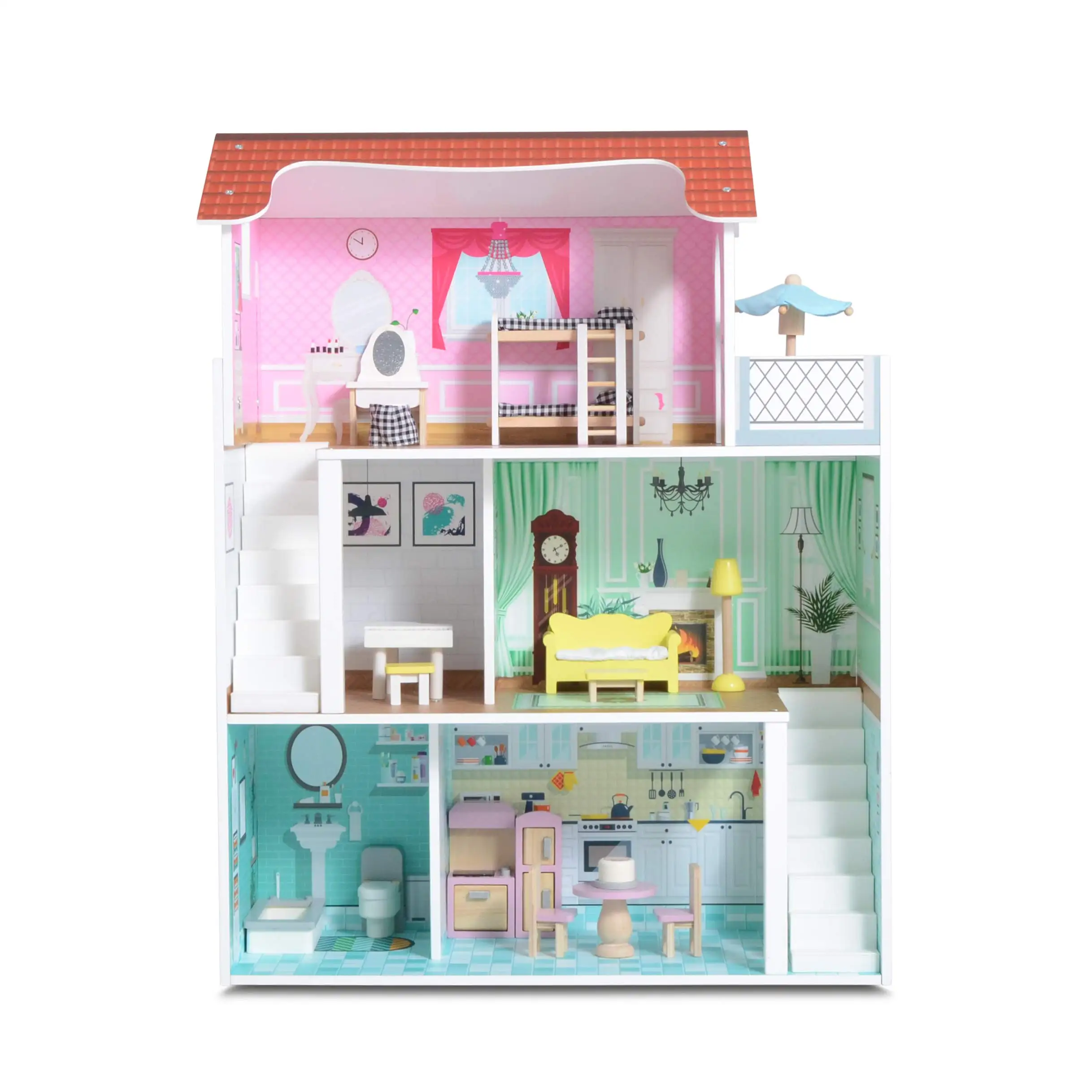Pretend Wooden Dollhouse for Kids with Accessories and Furniture - 3 Levels, 6 Rooms and 20 Furniture Pieces,  Easy to Assemble