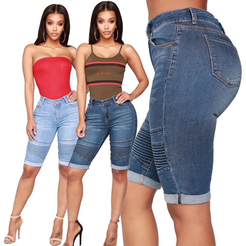 Womens Knee Length Denim Shorts Stretch Slim Fit Half Jeans 5XL Capri Pants Butt Lift Trousers Skinny Jeans