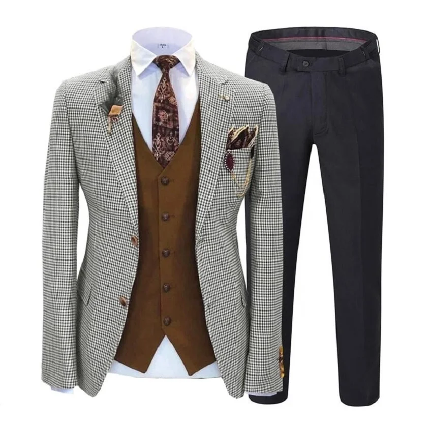 Custom Slim Fit Tweed Wool Business Plaid Design Wedding Groom 3 Piece Suits Set For Men
