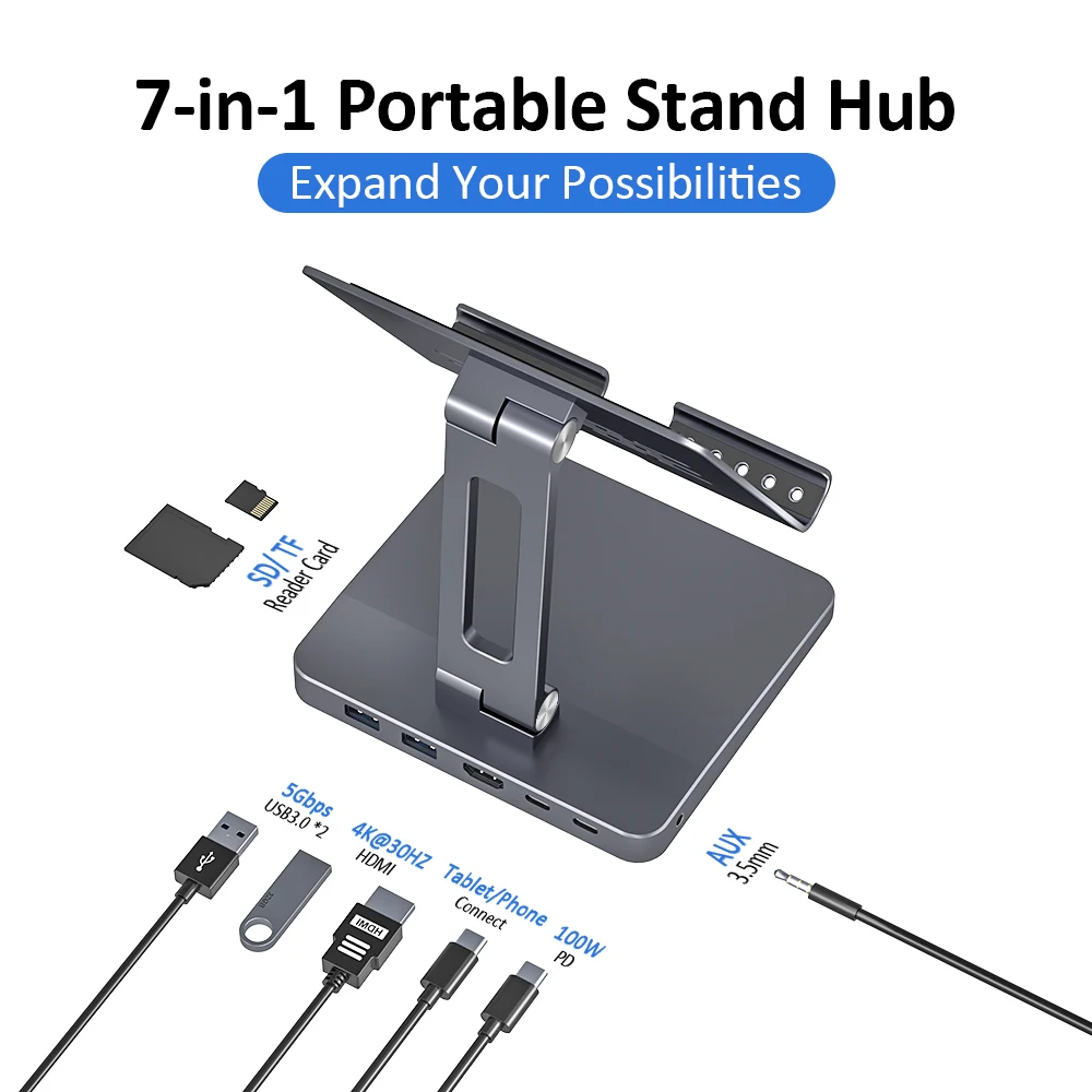 7 in 1 Multiport portable foldable phone holder adapt for aluminum adjustable laptop stand with usb hub
