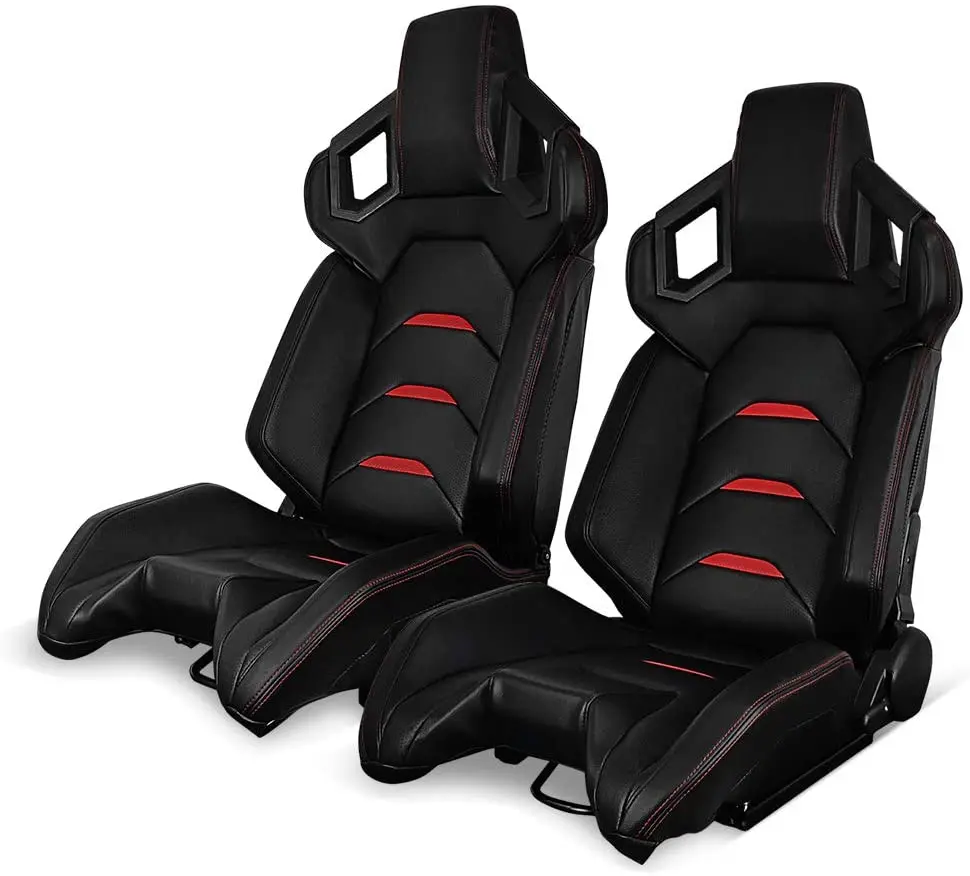 Jiabeir Black PVC Leather Red Stitch Universal Carbon Fiber Leather Back Racing Car Accessories Seat With Double Slider