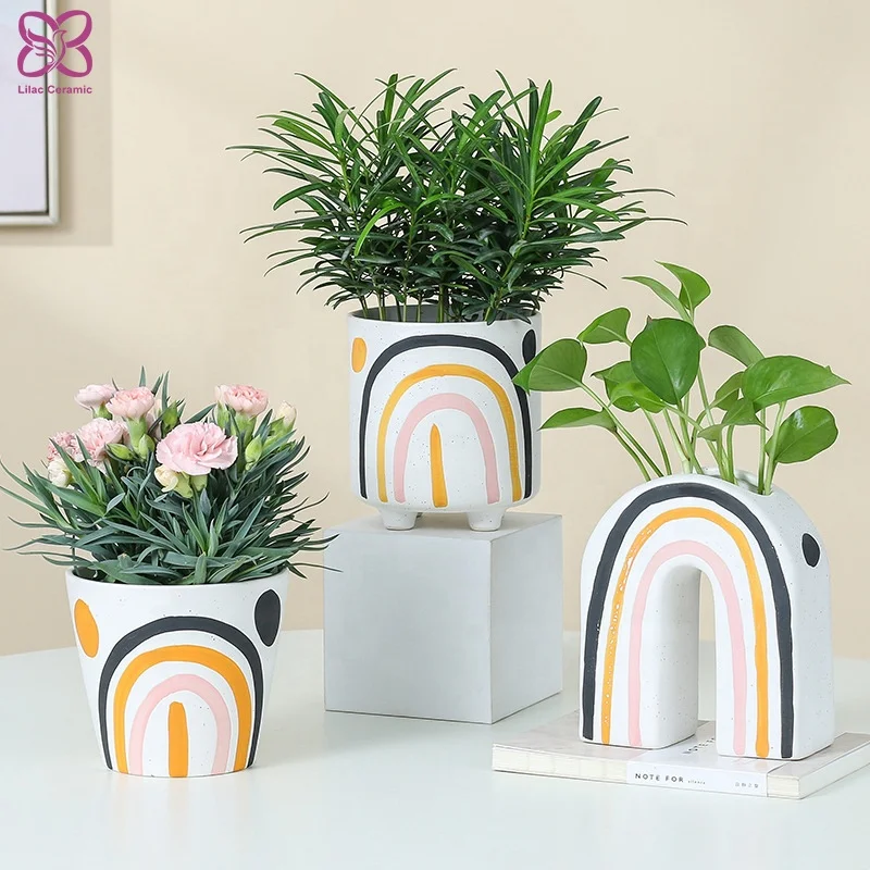 Nordic Art Vase Creative Ceramic Decoration Modern Striated Printed Ceramic Porcelain Vases for Flowers and Plants