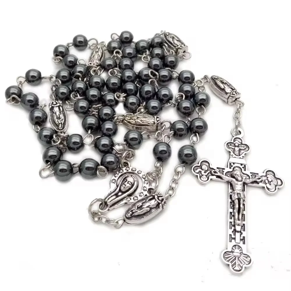Non-Magnetic Black Gallstone Rosary Necklace Retro Cross Catholic Supplies Religious Wholesale Rosary | Beads Size 6mm