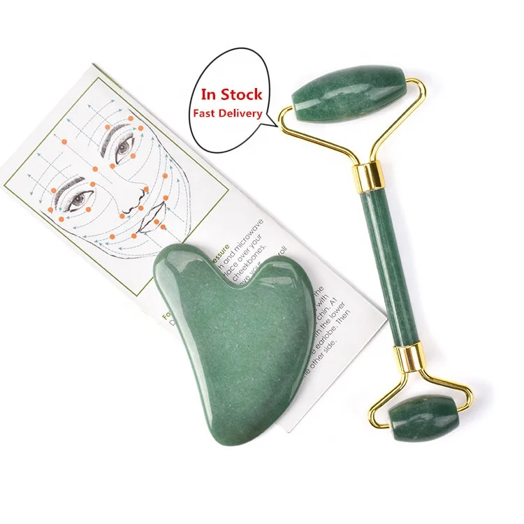 Green Jade Stone Face Beauty Massager Custom Logo 100% Natural Aventurine Jade Roller Gua Sha Set