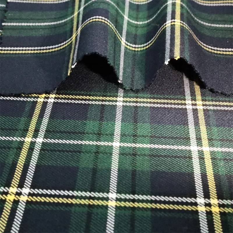 Wholesale Custom Stretch Plaid Tartan Fabric in Green Black Spun Dyed Twill Checked Fabric for Mens and Womens Suit Pants Skirt